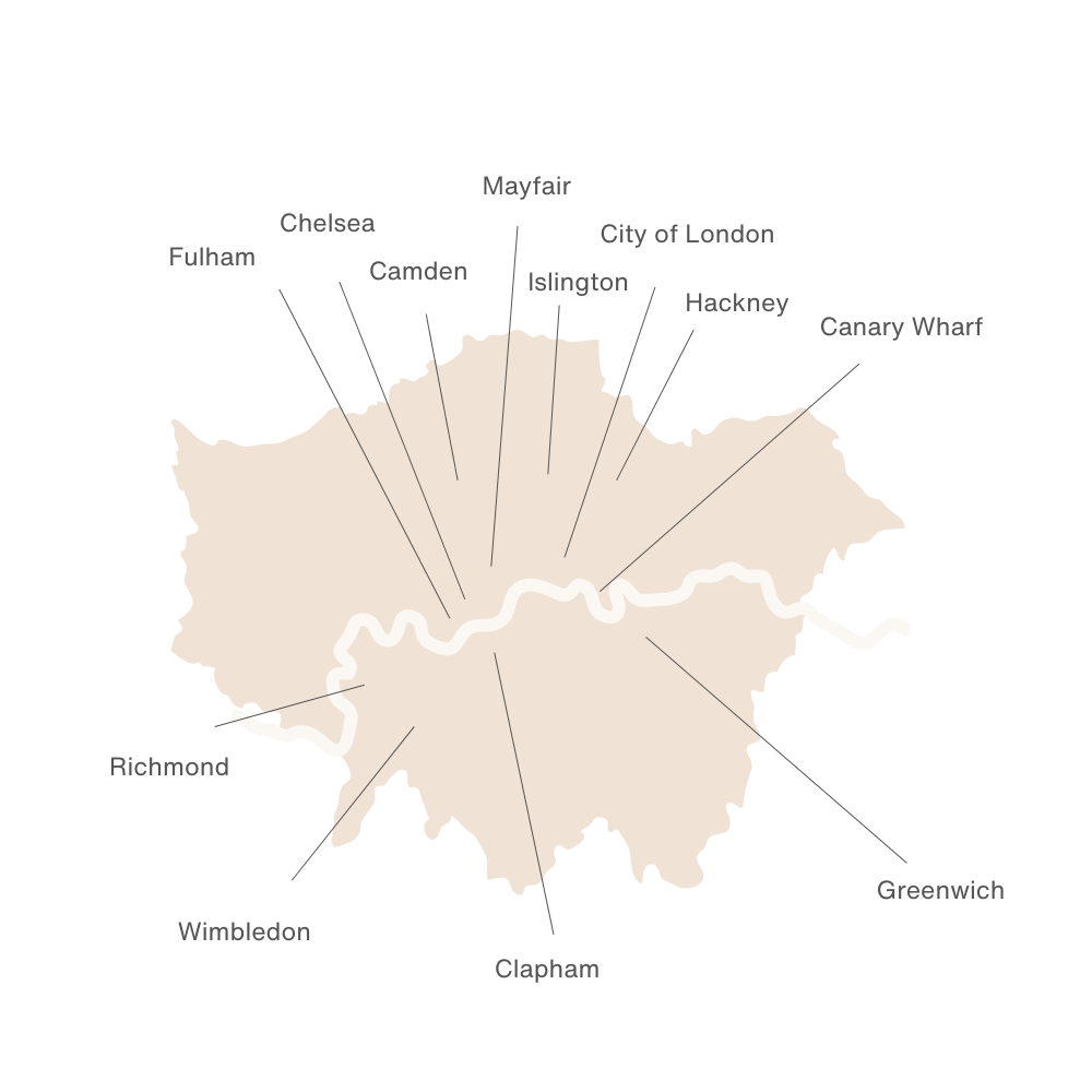 Map of London highlighting key areas for property searches by a London buying agent